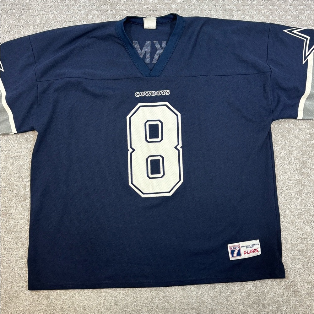Vintage Dallas Cowboys Troy Aikman #8 Men's XL Jersey Blue Made in USA Logo 7
